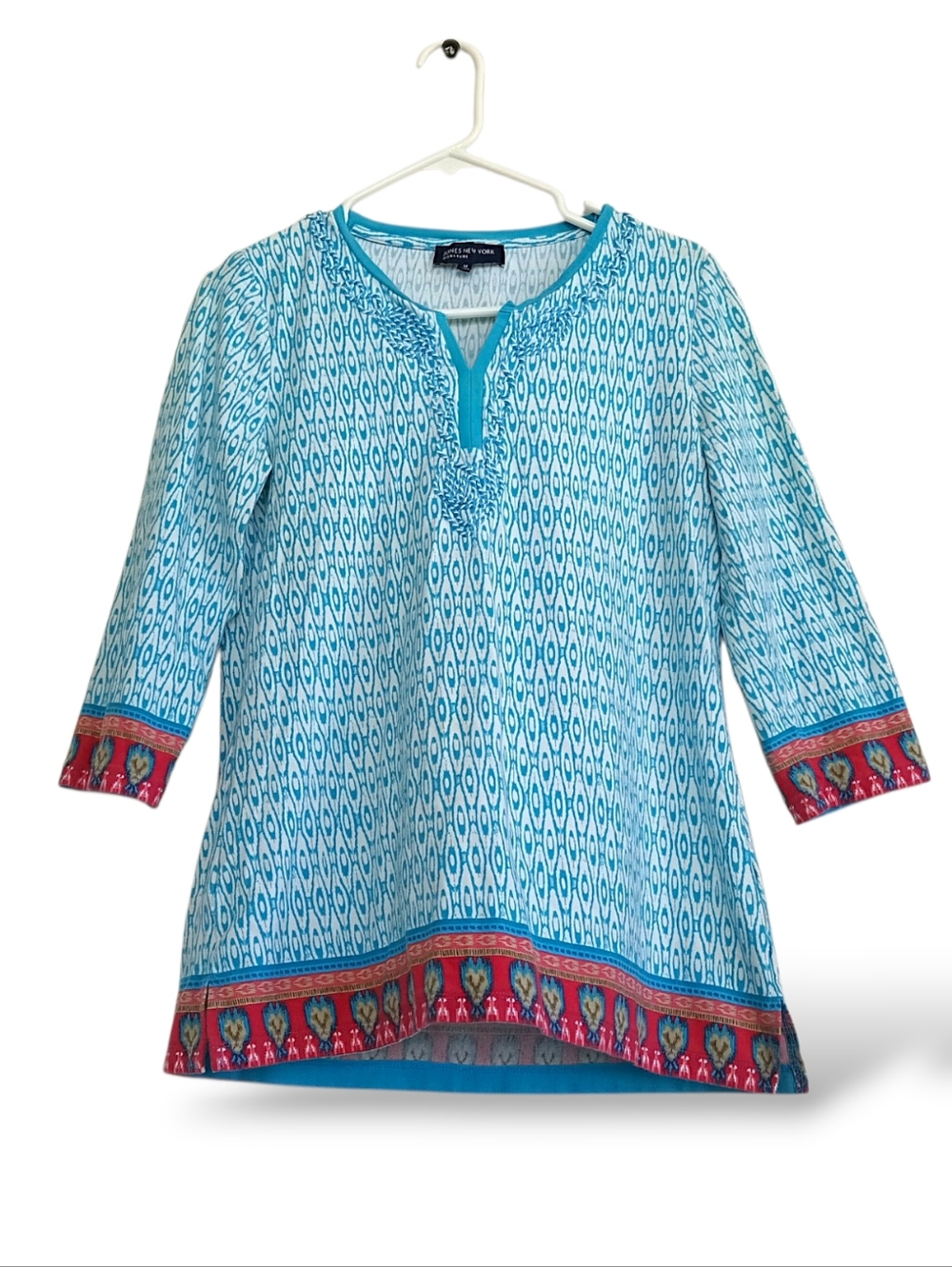 JNY Turquoise Tunic Shirt Medium Boho Western Soft stretch Rope detail V neck